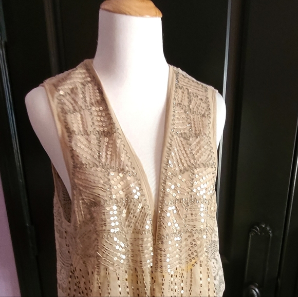 Chicos Khaki Sequin Embellished Lace Vest Cottagecore Women's Size 2 - Picture 2 of 9